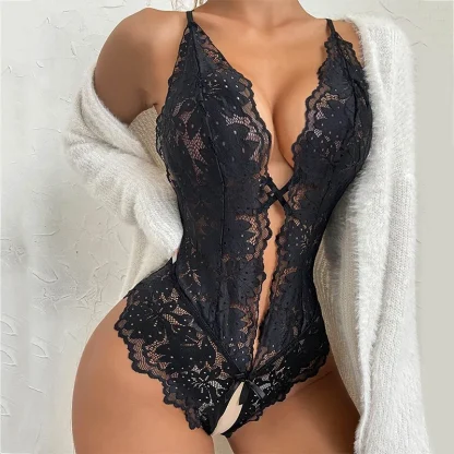 Deep V-neck Crotchless Lace Bodysuit
