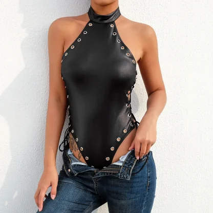 Halter Bodysuit with Hollow-out Rivet Design