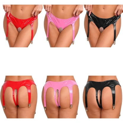 Shiny Open Crotch Thong with Clip Garter - Image 14