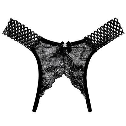 Fishnet Open Crotch Thong with Floral Lace - Image 2