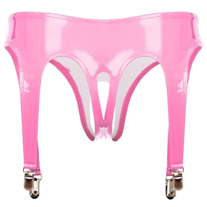 Shiny Open Crotch Thong with Clip Garter - Image 3