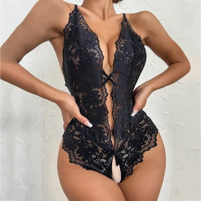 Crotchless See-through Lace V-neck Bodysuit - Image 3