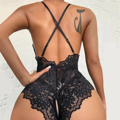 Crotchless See-through Lace V-neck Bodysuit - Image 5