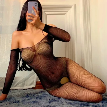 Off-shoulder Bodystocking with Fishnet Design - Image 2